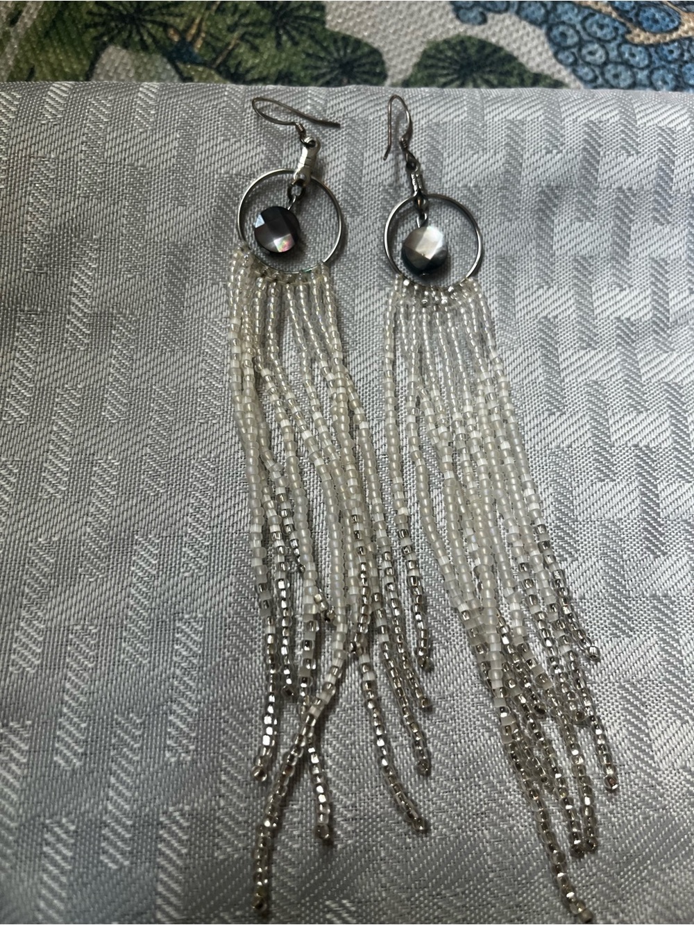 Silver Beaded Fringe Drop Earrings - White/Silver